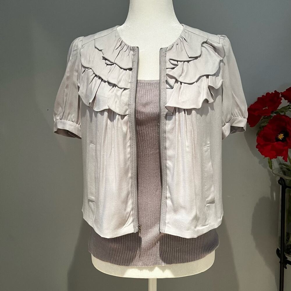 NEW SINE x ANTHRO Ruffled Short Sleeve Zip Up Career Top Jacket Grey Sz 2 NWT